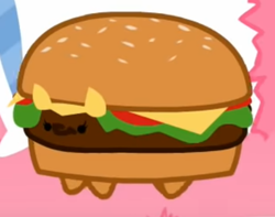 Size: 461x364 | Tagged: safe, artist:mixermike622, imported from ponybooru, oc, changeling, changeling queen, animated, burger, burger queen, female, fluffle puff tales, food, gif, meat, my little foody