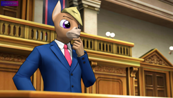 Size: 3840x2160 | Tagged: safe, alternate version, artist:antonsfms, imported from derpibooru, oc, oc only, oc:nickyequeen, anthro, donkey, 3d, ace attorney, alternate universe, anthro oc, badge, banner, clothes, commission, commissioner:nickyequeen, court, courtroom, crossover, desk, donkey oc, formal attire, formal wear, hand on chin, hand on hip, high res, image set, male, phoenix wright, pondering, solo, source filmmaker, suit