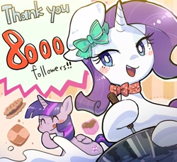 Size: 2048x1870 | Tagged: safe, artist:nendo, imported from derpibooru, rarity, twilight sparkle, alicorn, pony, unicorn, blushing, chef's hat, choker, cookie, eyes closed, food, hat, milk, open mouth, ribbon, tongue out, twilight sparkle (alicorn)