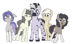 Size: 2239x1355 | Tagged: safe, artist:triplesevens, imported from ponybooru, oc, oc only, oc:cornetto, oc:kona, oc:longfolia, oc:short fuse, oc:triple sevens, earth pony, pegasus, pony, unicorn, zebra, horn, looking at you, male, open mouth, ponybooru collab 2021, simple background, smiling, stallion, transparent background, wings