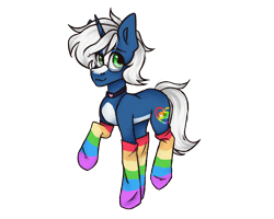 Size: 2500x2000 | Tagged: safe, artist:canada_cho_nado, imported from derpibooru, oc, oc only, oc:passi deeper, pony, unicorn, choker, clothes, coat markings, eyebrows, femboy, glasses, green eyes, horn, looking at you, male, rainbow socks, raised leg, simple background, smiling, smiling at you, socks, solo, stallion, stockings, striped socks, thigh highs, transparent background, unicorn oc
