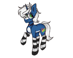 Size: 2500x2000 | Tagged: safe, artist:canada_cho_nado, imported from derpibooru, oc, oc only, oc:passi deeper, pony, unicorn, choker, clothes, coat markings, eyebrows, femboy, glasses, green eyes, horn, looking at you, male, raised leg, simple background, smiling, smiling at you, socks, solo, stallion, stockings, striped socks, thigh highs, transparent background, unicorn oc