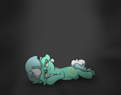 Size: 3618x2830 | Tagged: safe, artist:background basset, imported from derpibooru, lyra heartstrings, pony, unicorn, depressed, gray background, high res, lying down, sad, simple background, solo