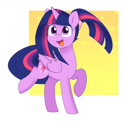 Size: 1200x1158 | Tagged: safe, artist:ch-chau, imported from derpibooru, twilight sparkle, alicorn, pony, alternate hairstyle, cute, female, happy, mare, open mouth, pigtails, ponytail, raised hoof, simple background, smiling, solo, twiabetes, twilight sparkle (alicorn), twintails