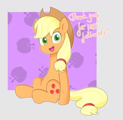 Size: 1558x1522 | Tagged: safe, artist:ch-chau, imported from derpibooru, applejack, earth pony, pony, abstract background, apple, applejack's hat, cowboy hat, female, food, hat, mare, sitting, solo, text