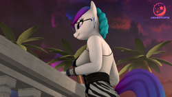 Size: 3840x2160 | Tagged: safe, artist:midnightarts, imported from derpibooru, oc, oc only, oc:aurora starling, anthro, 3d, braid, cutie, ear piercing, earring, female, glasses, high res, jewelry, palm tree, piercing, solo, source filmmaker, sunset, tree, zebra print