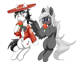 Size: 1700x1400 | Tagged: safe, artist:zachc, imported from derpibooru, oc, oc only, earth pony, pegasus, clothes, duo, eating, female, food, herbivore, hoof hold, male, mare, simple background, sombrero, stallion, watermelon, white background, wing hands, wings