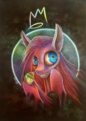 Size: 2670x3768 | Tagged: safe, artist:cahandariella, imported from derpibooru, pinkie pie, earth pony, pony, fanfic:cupcakes, colored pencil drawing, cupcake, food, galaxy, high res, pinkamena diane pie, rainbow cupcake, solo, traditional art