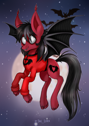 Size: 2387x3379 | Tagged: safe, artist:das_leben, imported from derpibooru, bat, bat pony, pony, bat wings, clandestine industries, clothes, commission, ear fluff, fall out boy, fangs, flying, high res, hoodie, male, moon, night, night sky, pete wentz, ponified, shirt, sky, solo, spread wings, stallion, stars, undershirt, wings, ych result