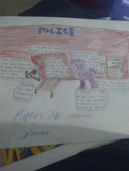 Size: 2448x3264 | Tagged: safe, artist:iloveponies, imported from derpibooru, oc, oc only, alicorn, pegasus, alicorn oc, dialogue, dialogue in the description, high res, horn, job interview, pegasus oc, photo, police, police pony, signature, speech bubble, traditional art, wings