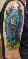 Size: 968x2048 | Tagged: safe, artist:kelleygtattoo, artist:luckyponytattoo, imported from derpibooru, queen chrysalis, changeling, changeling queen, human, pony, female, grin, irl, irl human, lidded eyes, photo, smiling, tattoo