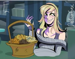 Size: 540x427 | Tagged: safe, artist:darksinfonic, imported from derpibooru, derpy hooves, human, slice of life (episode), basket, clothes, food, humanized, muffin, scene interpretation, solo, sweater