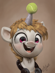 Size: 900x1200 | Tagged: safe, artist:assasinmonkey, artist:imalou, imported from derpibooru, oc, oc only, oc:cookie malou, oc:imalou, earth pony, pony, unicorn, spoiler:my little pony: a new generation, ball, bust, cute, digital painting, fake horn, female, g5, happy, hat, headphones, horn, hornball, izzy's tennis ball, mare, my little pony: a new generation, ocbetes, open mouth, open smile, party hat, ponysona, signature, simple background, smiling, solo, style emulation, tennis ball, traditional art, uvula