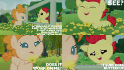 Size: 1280x720 | Tagged: safe, edit, edited screencap, editor:quoterific, imported from derpibooru, screencap, bright mac, pear butter, earth pony, pony, season 7, the perfect pear, baby, baby pony, brightabetes, colt, cute, eyes closed, female, filly, flower, male, open mouth, pearabetes, smiling, younger