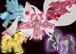 Size: 1092x776 | Tagged: safe, artist:r-e-d-13, imported from derpibooru, alicorn, earth pony, pegasus, pony, unicorn, black background, crossover, homura akemi, incubator (species), kyoko sakura, kyubey, madoka kaname, magical girl, mami tomoe, puella magi madoka magica, sayaka miki, simple background, soul gem, traditional art