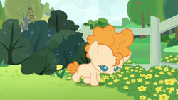 Size: 1280x720 | Tagged: safe, imported from derpibooru, screencap, pear butter, earth pony, pony, season 7, the perfect pear, baby, baby pony, female, filly, flower, solo, tree