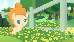 Size: 1280x720 | Tagged: safe, imported from derpibooru, screencap, pear butter, earth pony, pony, season 7, the perfect pear, :o, baby, baby pony, cute, female, fence, filly, flower, open mouth, pearabetes, solo