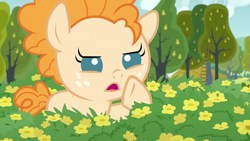 Size: 1280x720 | Tagged: safe, imported from derpibooru, screencap, pear butter, earth pony, pony, season 7, the perfect pear, baby, baby pony, female, filly, flower, food, open mouth, pear, solo, tree
