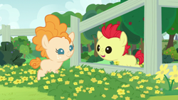 Size: 1280x720 | Tagged: safe, imported from derpibooru, screencap, bright mac, pear butter, earth pony, pony, season 7, the perfect pear, baby, baby pony, brightabetes, colt, cute, female, fence, filly, flower, male, open mouth, pearabetes, smiling
