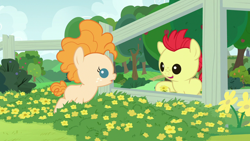 Size: 1280x720 | Tagged: safe, imported from derpibooru, screencap, bright mac, pear butter, earth pony, pony, season 7, the perfect pear, baby, baby pony, brightabetes, colt, cute, female, fence, filly, flower, male, open mouth, pearabetes, smiling