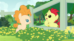 Size: 1280x720 | Tagged: safe, imported from derpibooru, screencap, bright mac, pear butter, earth pony, pony, season 7, the perfect pear, baby, baby pony, brightabetes, colt, cute, female, fence, filly, flower, male, open mouth, pearabetes