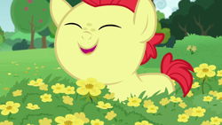 Size: 1280x720 | Tagged: safe, imported from derpibooru, screencap, bright mac, earth pony, pony, season 7, the perfect pear, baby, baby pony, brightabetes, colt, cute, eyes closed, flower, male, open mouth, smiling, solo