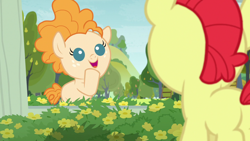 Size: 1280x720 | Tagged: safe, imported from derpibooru, screencap, bright mac, pear butter, earth pony, pony, season 7, the perfect pear, baby, baby pony, colt, cute, female, fence, filly, flower, male, open mouth, pearabetes, smiling, tree