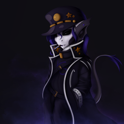 Size: 2432x2432 | Tagged: safe, artist:batsdisaster, imported from derpibooru, oc, oc only, oc:batsdisaster, anthro, vampire, vampony, anthro oc, bat ears, black sclera, cigarette, clothes, coat, costume, fangs, hat, high res, jojo's bizarre adventure, jotaro kujo, male, pants, piercing, smoking, solo