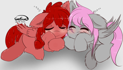 Size: 4325x2465 | Tagged: safe, artist:freefraq, imported from derpibooru, oc, oc only, oc:cherry slime, oc:lilac san, bat pony, goo, goo pony, original species, bat pony oc, bat wings, blushing, cute, eyes closed, sleeping, smiling, snuggling, wings