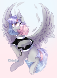 Size: 1820x2456 | Tagged: safe, artist:mediasmile666, imported from derpibooru, oc, oc only, pegasus, pony, backlighting, female, flying, freckles, gradient background, hairpin, mare, solo, spread wings, unshorn fetlocks, wings