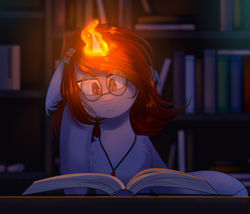 Size: 1024x875 | Tagged: safe, artist:mediasmile666, imported from derpibooru, oc, oc only, pony, book, glasses, magic, male, night, reading, solo, stallion