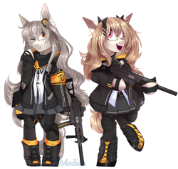 Size: 2906x2764 | Tagged: safe, artist:mediasmile666, imported from derpibooru, oc, oc only, pony, bipedal, duo, girl's frontline, gun, high res, hoof hold, smiling, weapon