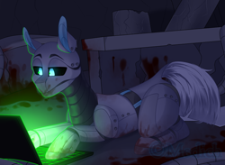 Size: 2570x1885 | Tagged: safe, artist:mediasmile666, imported from derpibooru, oc, oc only, pony, robot, robot pony, blood, computer, laptop computer, solo