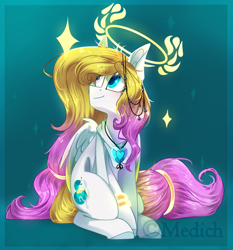 Size: 1024x1097 | Tagged: safe, artist:mediasmile666, imported from derpibooru, oc, oc only, oc:angel light, pegasus, pony, abstract background, female, heterochromia, jewelry, looking up, mare, pendant, sitting, smiling, solo, tail band, tailband