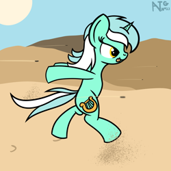 Size: 2000x2000 | Tagged: safe, artist:dafiltafish, imported from derpibooru, lyra heartstrings, pony, unicorn, atg 2021, bipedal, desert, female, high res, mare, naruto run, newbie artist training grounds, solo, this will end in death, tongue out