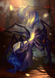 Size: 2480x3508 | Tagged: safe, artist:mian1205, imported from derpibooru, oc, oc only, monster pony, original species, spiderpony, black sclera, black tears, creepy, female, high res, teary eyes, unshorn fetlocks