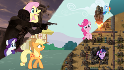 Size: 1920x1080 | Tagged: safe, artist:luckreza8, imported from derpibooru, applejack, fluttershy, pinkie pie, rainbow dash, rarity, twilight sparkle, 1000 hours in gimp, crossover, factorio, fallout, fallout: new vegas, mane six