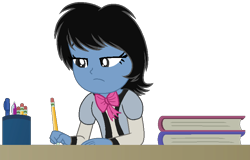 Size: 829x530 | Tagged: safe, artist:muhammad yunus, artist:tanahgrogot, imported from derpibooru, oc, oc only, oc:siti shafiyyah, equestria girls, base used, bedroom eyes, black hair, blue body, book, bowtie, clothes, equestria girls-ified, female, indonesia, pencil, pink bow, simple background, solo, transparent background, unamused