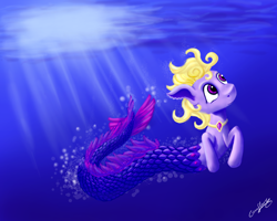 Size: 2738x2190 | Tagged: safe, artist:coco-flame, imported from derpibooru, oc, oc only, hybrid, merpony, sea pony, bubble, crepuscular rays, dorsal fin, fish tail, flowing tail, high res, jewelry, ocean, purple eyes, signature, solo, sunlight, swimming, tail, underwater, water, yellow mane