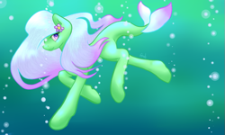 Size: 689x414 | Tagged: safe, artist:angelsight, imported from derpibooru, oc, oc only, merpony, pony, bubble, crepuscular rays, eyelashes, female, fish tail, flower, flower in hair, flowing mane, flowing tail, ocean, pink eyes, pink mane, smiling, solo, sunlight, swimming, tail, underwater, water