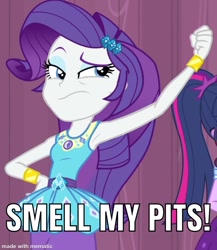Size: 1043x1200 | Tagged: safe, edit, edited screencap, imported from derpibooru, screencap, rarity, sci-twi, twilight sparkle, equestria girls, equestria girls series, stressed in show, armpit fetish, armpits, arms in the air, caption, cropped, eyeshadow, fetish, geode of shielding, hands in the air, image macro, magical geodes, makeup, mematic, meme, meme template, rarity peplum dress, solo focus, text, wristband