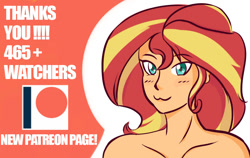 Size: 950x600 | Tagged: dead source, safe, artist:superiorinfamea, imported from derpibooru, sunset shimmer, equestria girls, abstract background, bust, female, milestone, patreon, patreon logo, smiling, solo