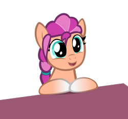 Size: 2100x1950 | Tagged: safe, artist:strategypony, imported from derpibooru, sunny starscout, earth pony, pony, braid, cute, g4, g5, g5 to g4, open mouth, open smile, simple background, smiling, sunnybetes, table, wip