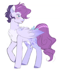 Size: 1280x1506 | Tagged: safe, artist:void-sommar, imported from derpibooru, oc, oc only, pegasus, pony, bow, chest fluff, magical lesbian spawn, male, offspring, parent:starlight glimmer, parent:sugar belle, parents:sugarglimmer, simple background, solo, stallion, tail bow, tongue out, white background