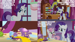 Size: 1280x720 | Tagged: safe, edit, edited screencap, editor:quoterific, imported from derpibooru, screencap, rarity, sweetie belle, pony, unicorn, 28 pranks later, season 6, cake, carousel boutique, cute, diasweetes, eating, fabric, female, filly, food, magic, mare, open mouth, telekinesis