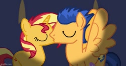 Size: 691x361 | Tagged: safe, artist:pinkgiraffe06, imported from derpibooru, flash sentry, sunset shimmer, pony, unicorn, cropped, female, flashimmer, kissing, male, shipping, straight