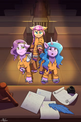 Size: 1280x1920 | Tagged: safe, artist:littletigressda, imported from derpibooru, izzy moonbow, pipp petals, sunny starscout, earth pony, pegasus, pony, unicorn, adorapipp, braid, chained, chains, clothes, court, courtroom, cuffs, cute, feather, female, floppy ears, g5, gavel, handcuffed, hilarious in hindsight, hoof fluff, ink, light, mare, open mouth, paper, prison outfit, prisoner im, raised hoof, sad, signature, trio, unshorn fetlocks