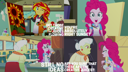 Size: 1280x720 | Tagged: safe, edit, edited screencap, editor:quoterific, imported from derpibooru, screencap, granny smith, pinkie pie, sunset shimmer, eqg summertime shorts, equestria girls, the art of friendship, apron, clothes, cute, cutie mark, cutie mark on clothes, female, one eye closed, open mouth, painting, shimmerbetes, smiling, wink