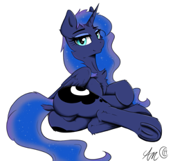 Size: 971x902 | Tagged: safe, artist:arjinmoon, edit, editor:celina, imported from derpibooru, princess luna, alicorn, pony, butt, chest fluff, cute, dock, ear fluff, explicit source, feathered wings, featureless crotch, female, frog (hoof), horn, leg fluff, looking at you, looking back, looking back at you, lying down, mare, missing accessory, moonbutt, on side, plot, sfw edit, side, simple background, smiling, solo, underhoof, white background, wings