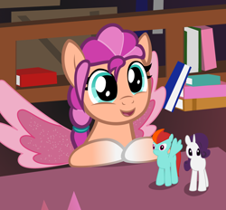 Size: 2100x1950 | Tagged: safe, artist:strategypony, imported from derpibooru, rainbow dash, rarity, sunny starscout, earth pony, pony, book, bookshelf, cute, fake wings, female, filly, filly sunny starscout, g4, g5, g5 to g4, smiling, sunnybetes, table